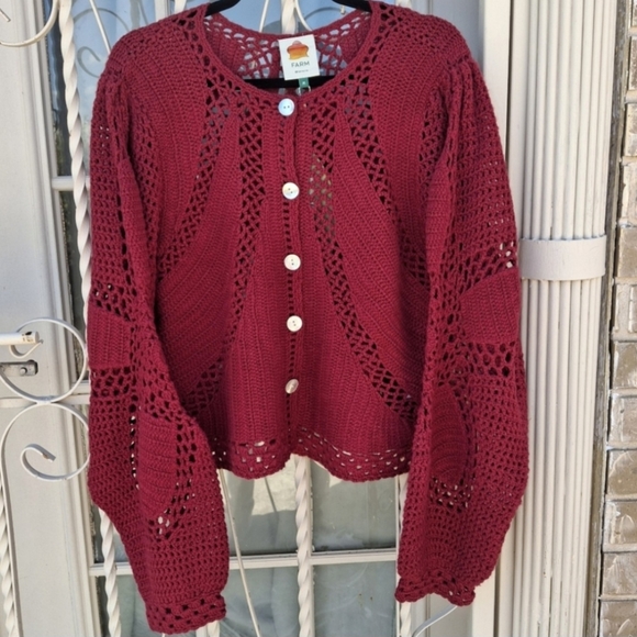 Farm Rio Handmade Crochet Dark Red Long Sleeve Cropped Sweater Women Size Medium - Picture 5 of 16